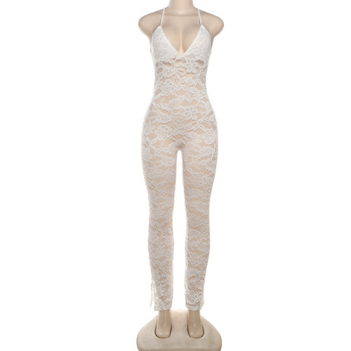 Deep V-strap backless lace perspective tight jumpsuit