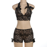 Open back hanging neck top, high waisted and hip lifting bikini set