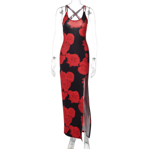 Printed long skirt with slit strap dress