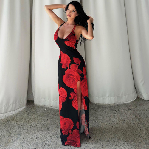 Printed long skirt with slit strap dress