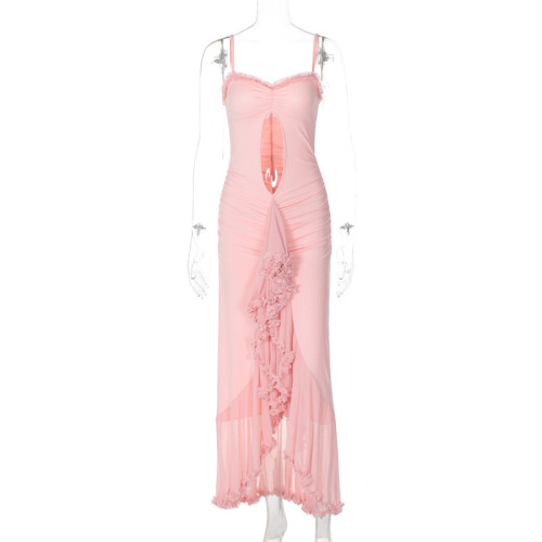 Hollow mesh lace irregular suspender dress