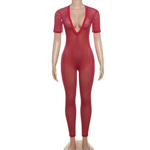 Deep V short sleeved high waisted tight fitting jumpsuit pants