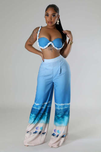 Slim fit positioning printed pants two-piece set