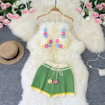 Knitted neck tie and hollowed out bikini two-piece set