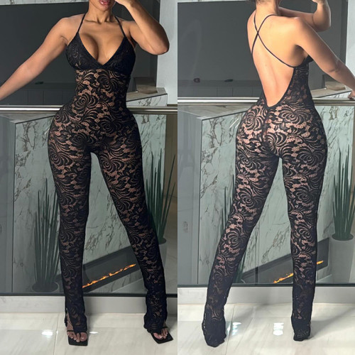 Deep V-strap backless lace perspective tight jumpsuit