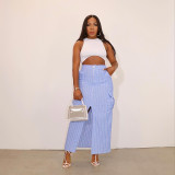 High waisted striped slit work dress