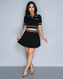 Knitted printed round neck short sleeved pleated two-piece set