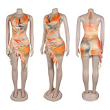 Printed hollow backless hanging neck lace short dress