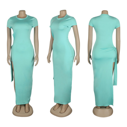 Hollow elastic tight fitting split strap mid length skirt two-piece set