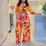 Printed two-piece set with lapel strap shirt and wide leg pants set