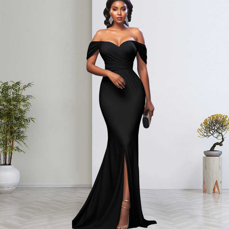 Solid color off shoulder formal dress