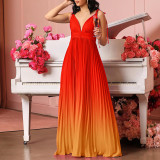 V-neck sexy high waisted gradient pleated long skirt