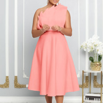 Slant neckline pleated high waisted formal dress