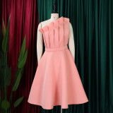 Slant neckline pleated high waisted formal dress