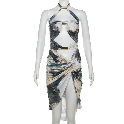 Hanging neck low cut sexy backless dress short skirt