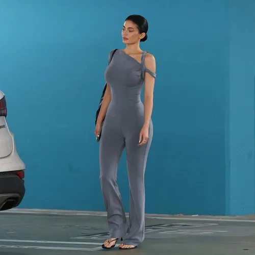 Diagonal shoulder comfortable slim fit top and pants set