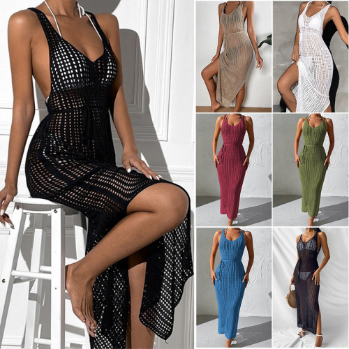 Beach Knitted Hoodie Skirt with Hollow Out Backless Dress