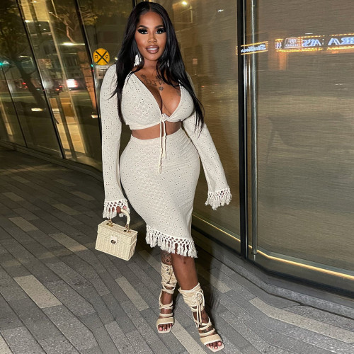 Sexy bag skirt with pleated fringe two-piece set