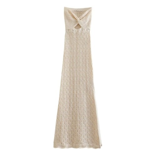 Strapless open mesh hollow knit elastic hip hugging dress