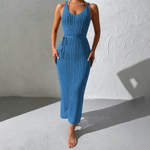 Beach Knitted Hoodie Skirt with Hollow Out Backless Dress