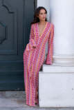 Color blocked lace hollow out low cut front slit jumpsuit long skirt