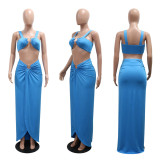 Two piece set of suspender short top paired with high slit hip hugging half skirt