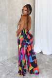 Printed cross hanging neck, backless elastic slim fit jumpsuit