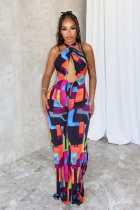 Printed cross hanging neck, backless elastic slim fit jumpsuit