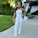 Sleeveless strapless, hip hugging, elastic wide leg jumpsuit