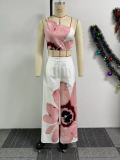 Printed one shoulder slim fit wide leg pants two-piece set