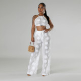 Lace up short top, loose pants, see through two-piece set
