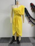 Solid color pleated strapless slim slit dress