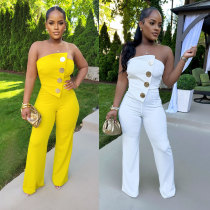 Sleeveless strapless, hip hugging, elastic wide leg jumpsuit