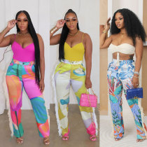 Printed fringe high waisted elastic waistband fringe pocket pants