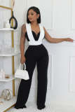 Color blocked elastic wide leg zipper jumpsuit