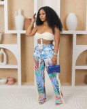 Printed fringe high waisted elastic waistband fringe pocket pants