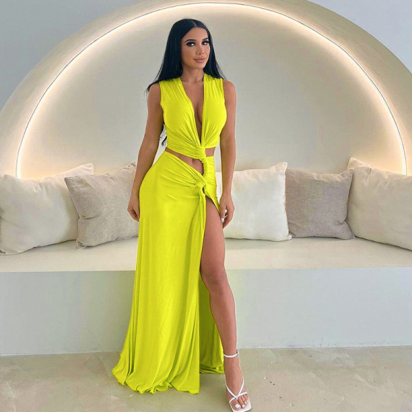 Deep V hollow slit slim fit dress