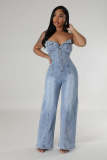 Strapless slim fit wide leg denim jumpsuit