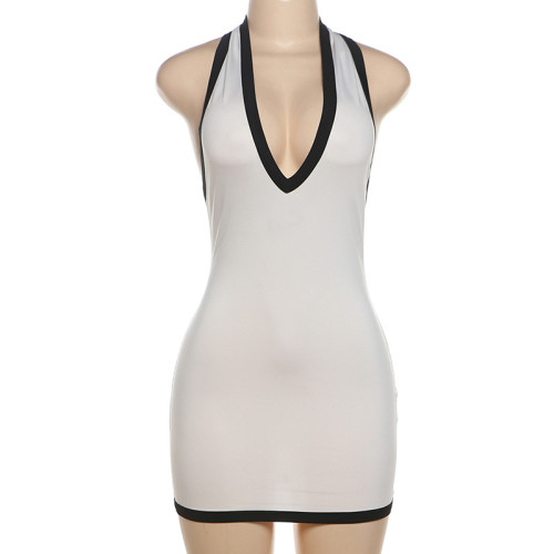 Hanging neck vest, backless slim fit, hip hugging short skirt dress