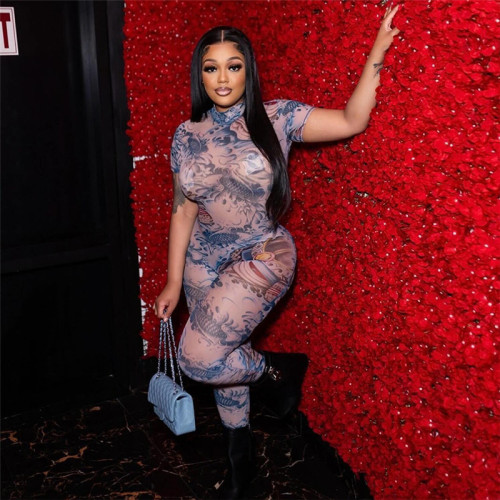 Backless printed see through mesh jumpsuit