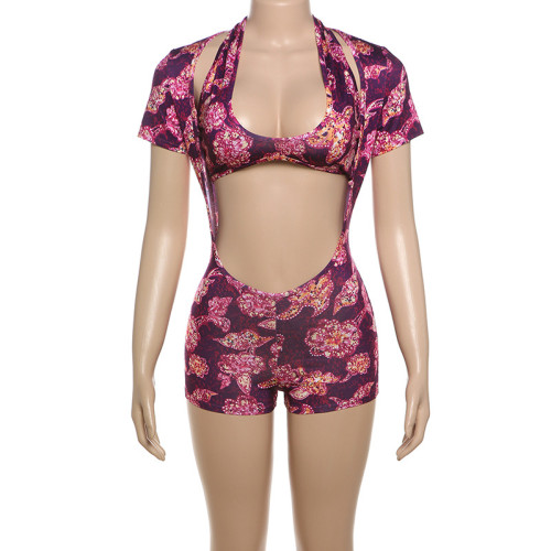 Printed neck hanging, paired with short sleeved jumpsuit shorts, two-piece set