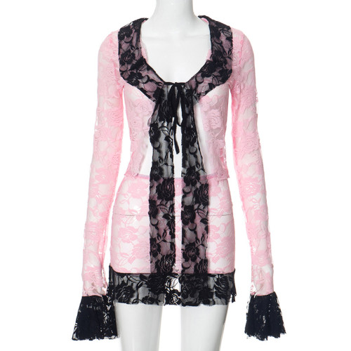 Splicing long sleeved top and skirt set