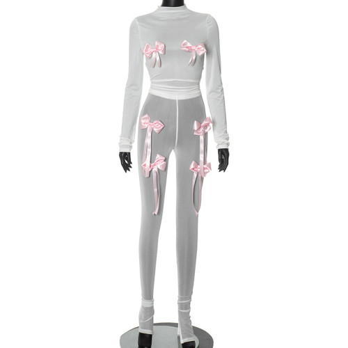 Bow tie long sleeved shirt, mesh long pants set