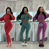 Drawstring waist and exposed navel top, high waisted tight pants set