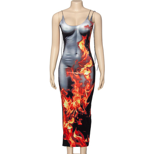 Sleeveless Head Flame Printed High Waist Long Hip Wrapped Dress