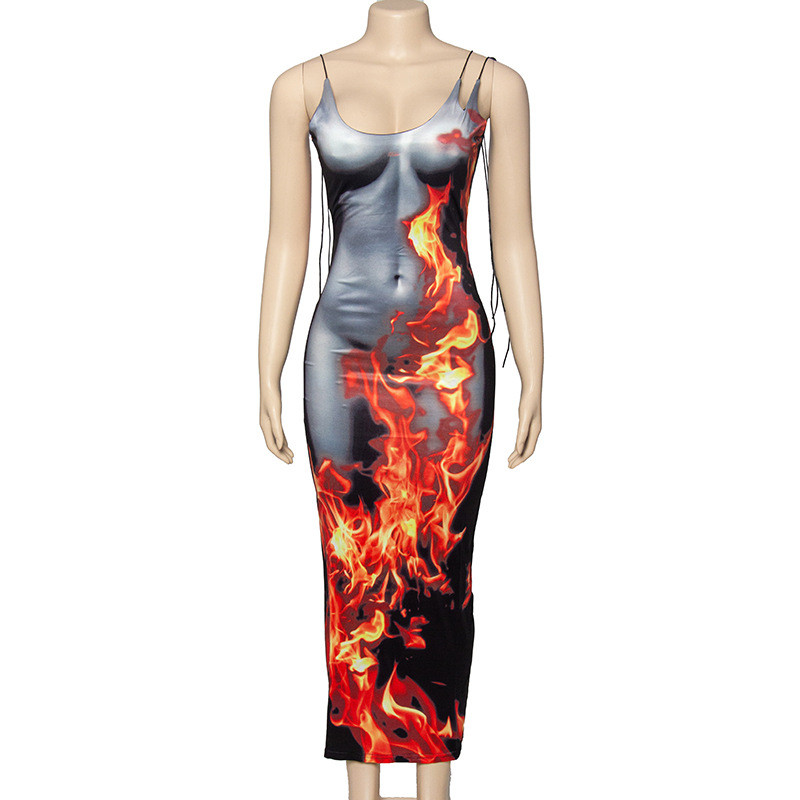 Sleeveless Head Flame Printed High Waist Long Hip Wrapped Dress
