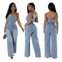 Strapless slim fit wide leg denim jumpsuit