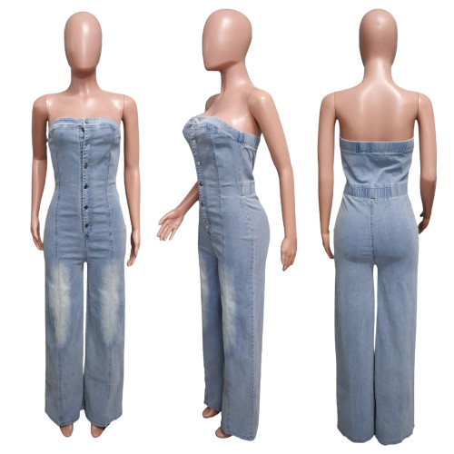 Strapless slim fit wide leg denim jumpsuit