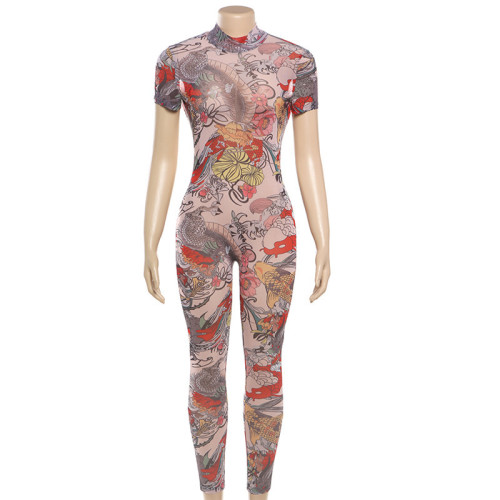 Backless printed see through mesh jumpsuit