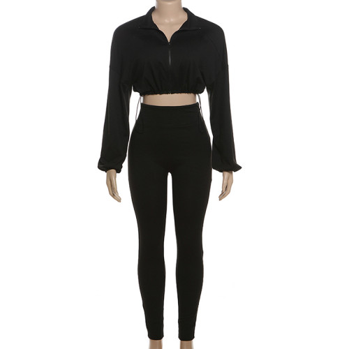 Drawstring waist and exposed navel top, high waisted tight pants set